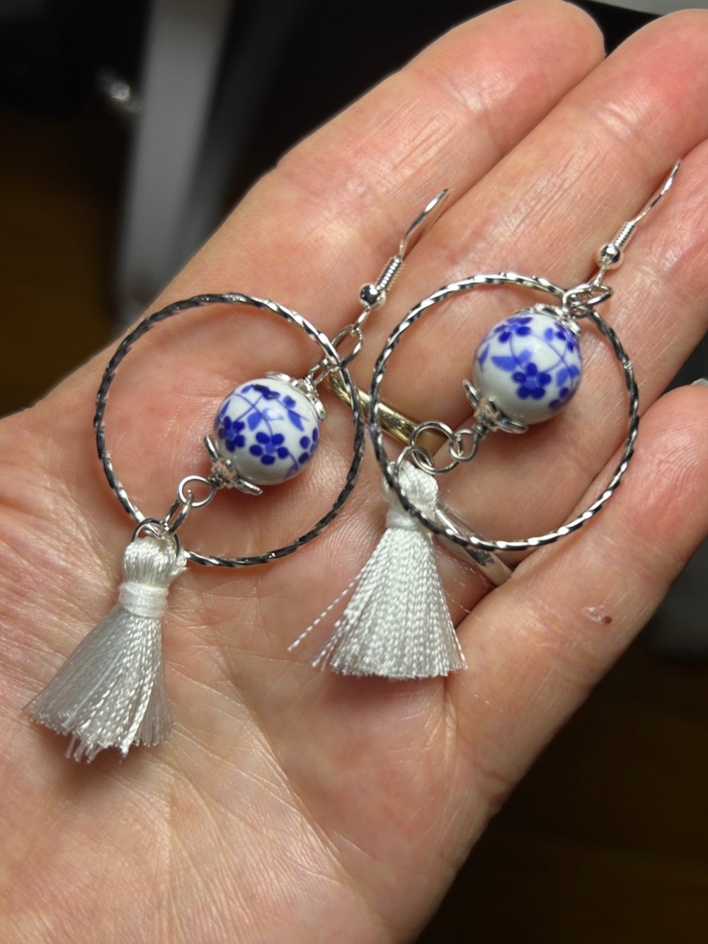 3/$25 Silver Hoop Tassel Earrings with Blue Floral Bead